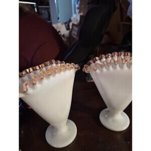 Vintage Fenton Milk Glass Rose Crest Ruffled Fan Vase